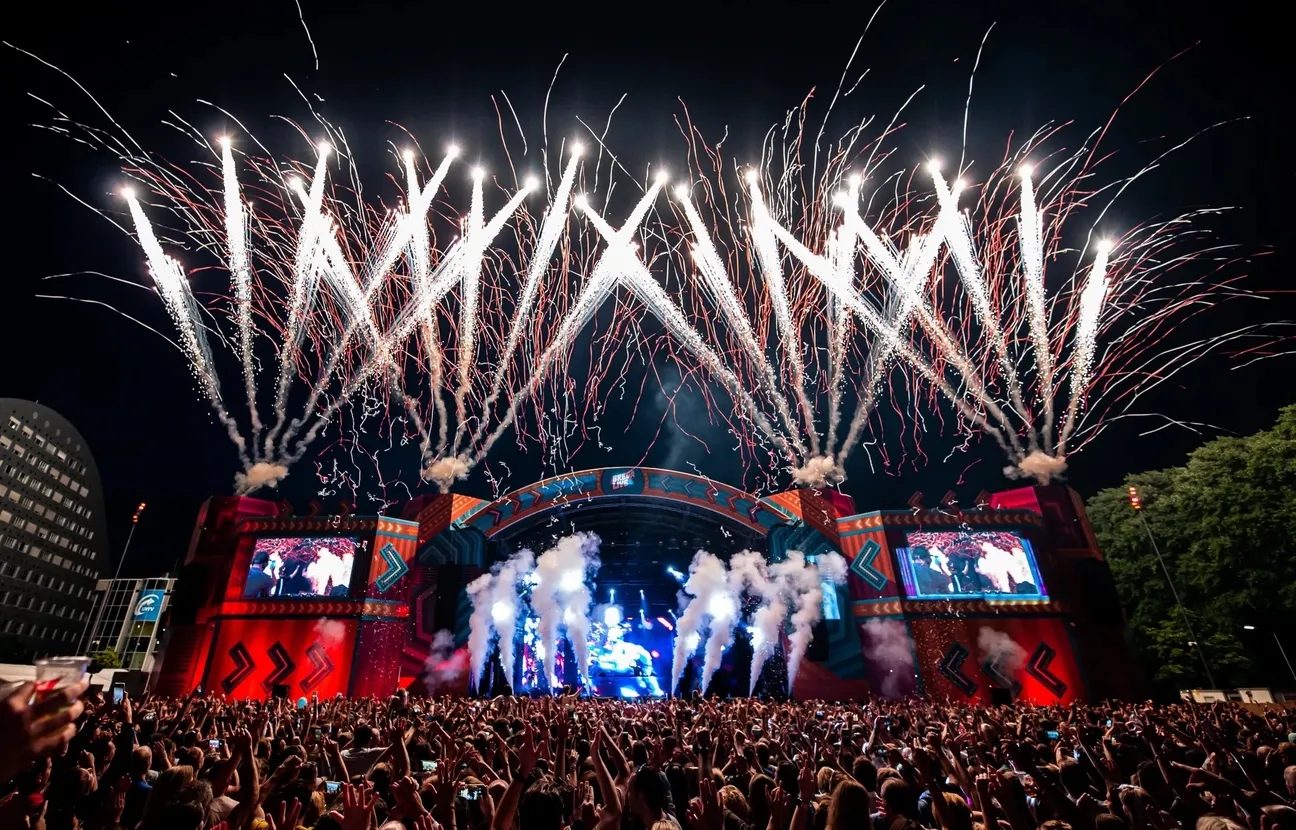 Grote groep mensen voor het podium bij Breda Live, kijkend naar het vuurwerk