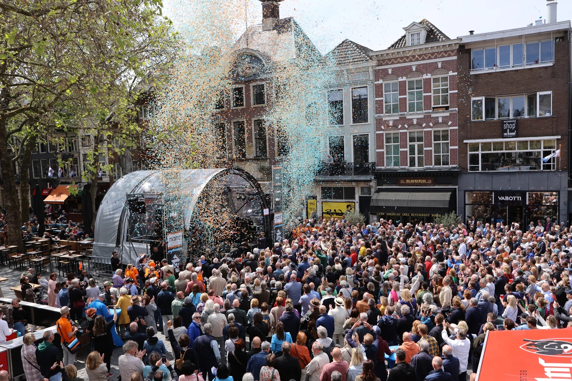 Grote Markt Breda with lots of spectators and stage during the opening of Breda Jazz Festival